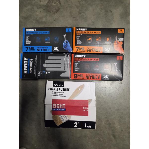 Four New Boxes Of Disposable Work Gloves, & New Paint Brushes