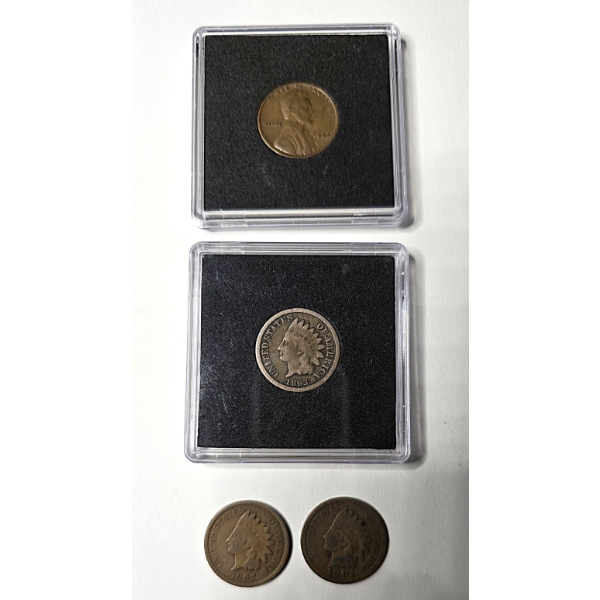 (3) Indian Head Pennies and (1) Wheat Penny
