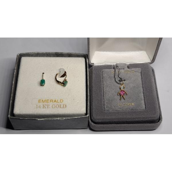 14K Gold Earrings With Emerald & 14K Gold Birthstone Charm Pendant - Total Weight: 1.3g