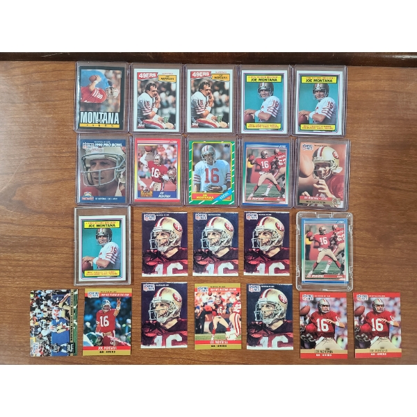Lot of 22 Assorted Joe Montana Trading Cards Including Topps, Score, & NFL Pro Set 