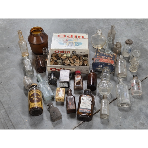 Vintage Mini Glass Bottle Collection, Cork Lined Bottle Caps & Cigar Box 