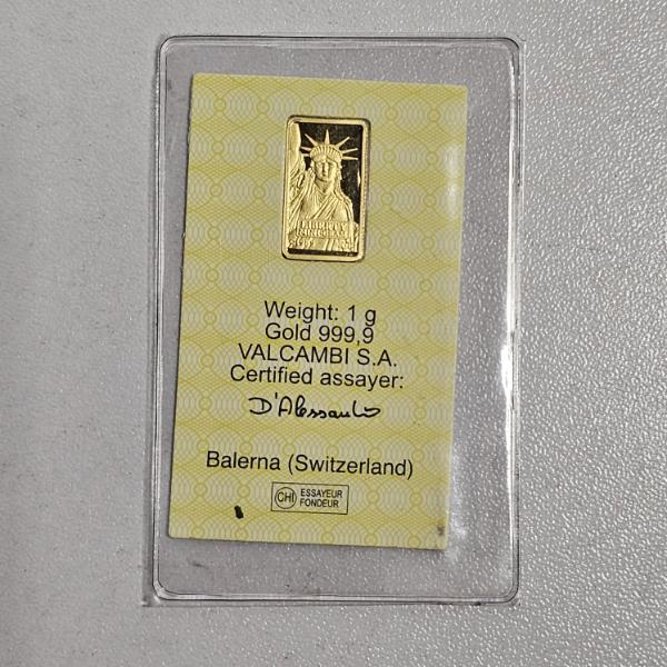 GOLD!!! Vintage Valcambi Liberty And Credit Suisse 1 Gram 99.99% Pure Gold Bar - ASW: 0.0643 toz.