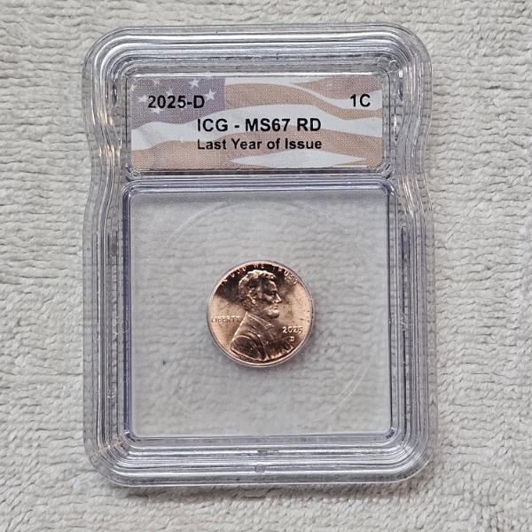 2025-D Independent Coin Graders MS67 Red Lincoln Shield Cent Last Year Of Issue One Cent Penny
