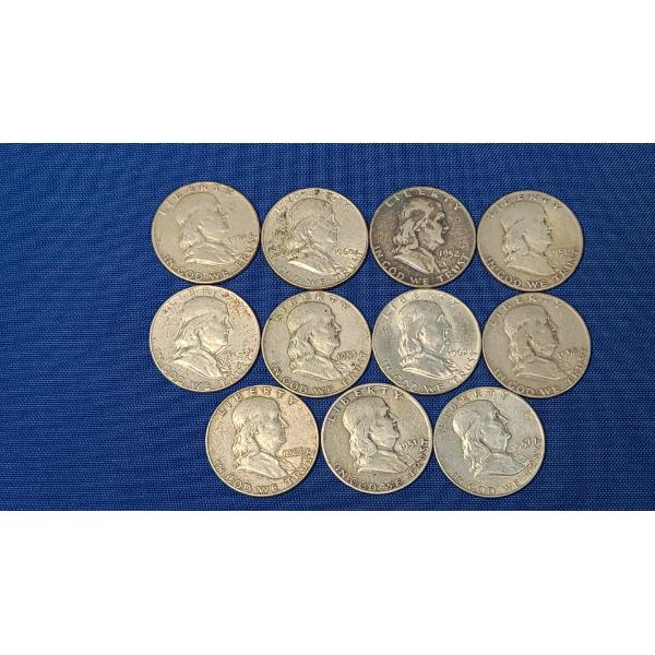 Assorted Years 90% Silver Franklin Half Dollars - Face Value: $5.50