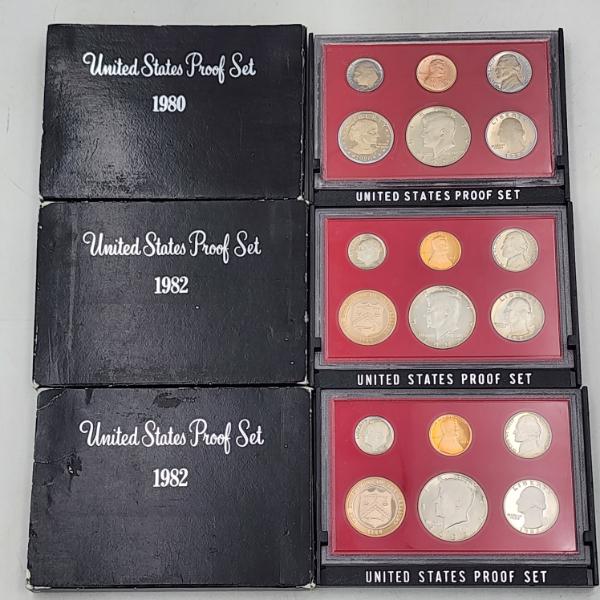 Three United States Mint Proof Sets: 1980, 1982, 1982