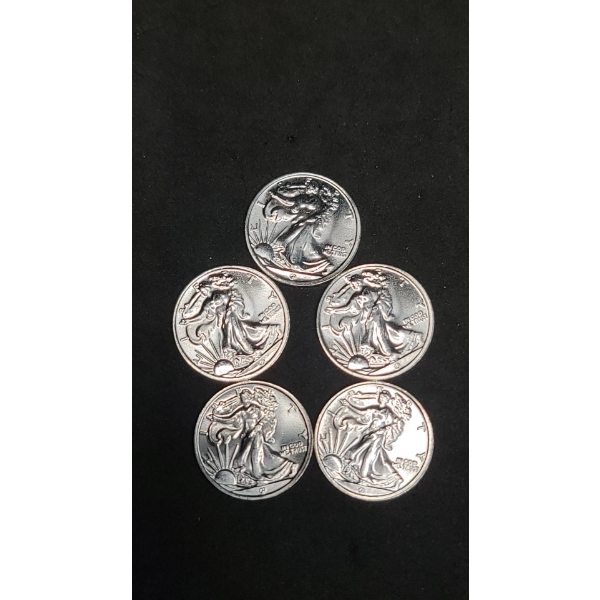 (5) 1/10 Troy Ounce .999 Fine Silver Rounds With Walking Liberty Motif