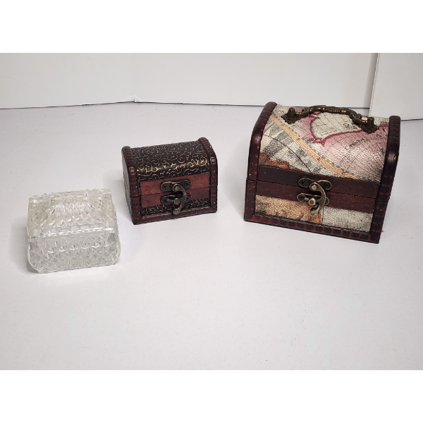 Lot of 3 Nice Trinket Boxes Including 2 Wooden with Latches and 1 Glass 