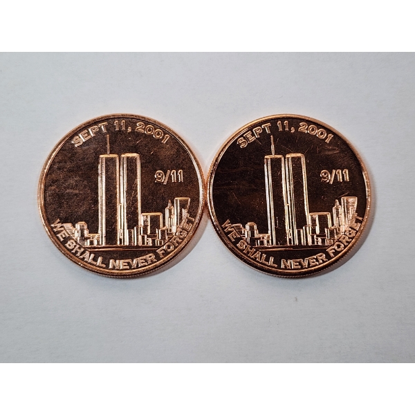 2 - Twin Towers 9-11" We Shall Never Forget" - .999 Fine Copper 1 AVDP Ounce Coins - Mint Cond. 