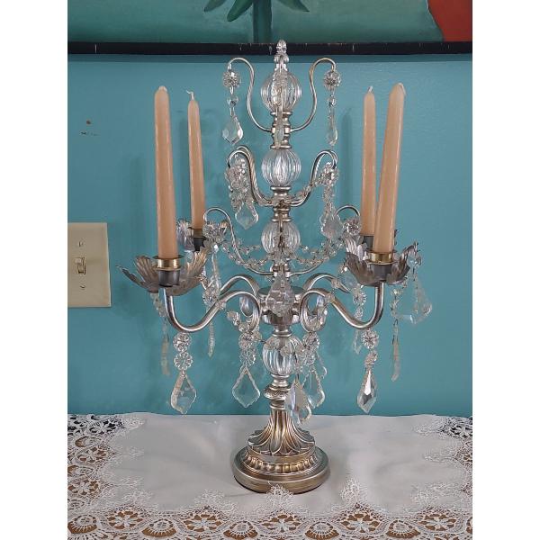 Beautiful Antique Crystal 4 Arm 20" Candelabra With Prisms & Expandable Center Column