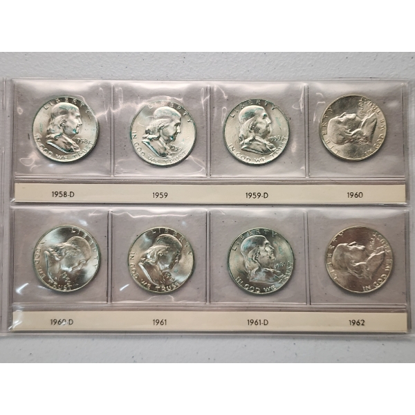 x8 Assorted Years 90% Silver Franklin Half Dollars In Nice Plastic Sleeves FV: $4.00