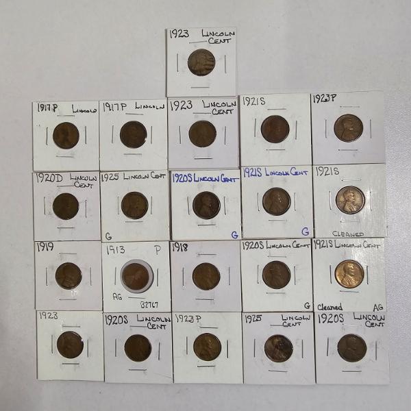 21 Lincoln Wheat Cents Minted Between 1913 And 1925 In Cardboard Holders FV: $.21