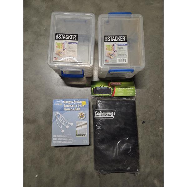 Two New 10''x6''x7'' Stackable Plastic Storage Units, Coleman Stove Case & Bungee Fasteners