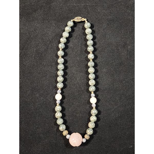 Beautiful Vintage Jadeite Style Beaded Necklace Ft. Lovely Pink Colored Rose Quartz Stone & Silver 
