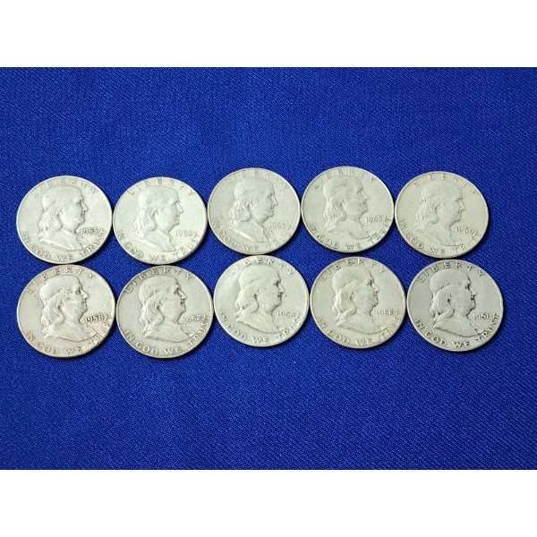 x10 Assorted Years Franklin Silver Half Dollars FV: $5.00