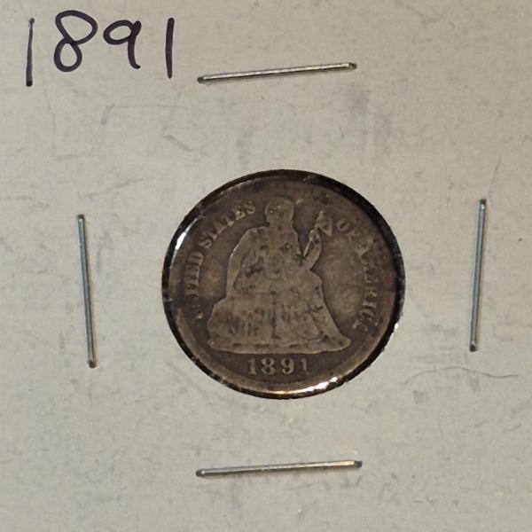 U.S. RARE COINAGE - 1891 TEN CENT SEATED LIBERTY SILVER DIME - SEE CONDITION