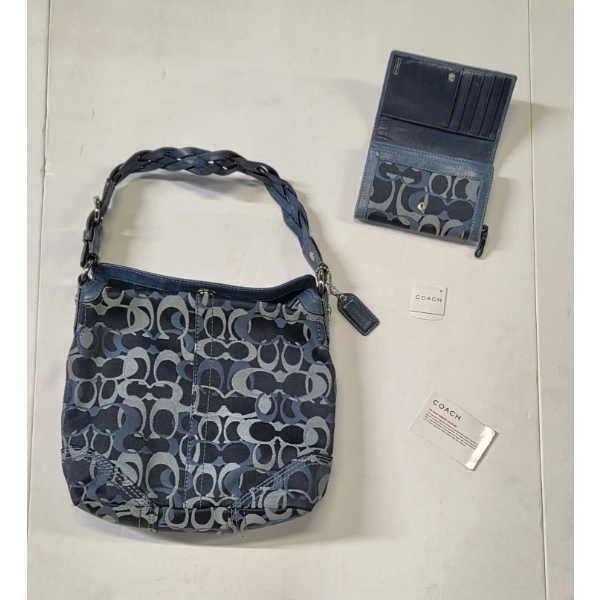 Authentic Coach Y2K Monogram Blue Jacquard Bag With Twist Closure & Matching Fold Wallet In Excellen