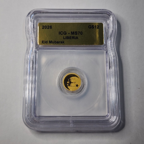 2026 Liberia 12 Dollars 1/1000 oz .9999 Gold Coin Certified & Graded by ICG as MS70