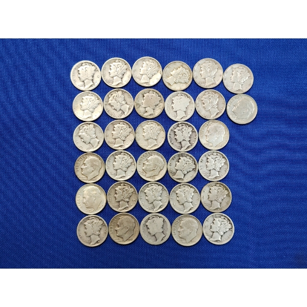 x32 Assorted Year Roosevelt and Mercury Dimes - Mostly Silver - Silver FV: $3.10