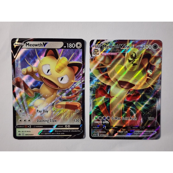 Two MeowthV & MeowthVMax Holo Rare Pokemon Trading Cards