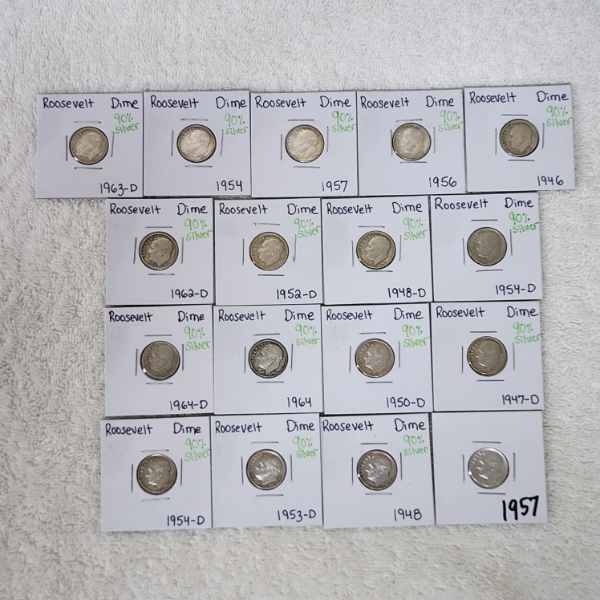 Lot of 17 Assorted Years U.S. 90% SILVER Roosevelt Dimes - Face Value: $1.70