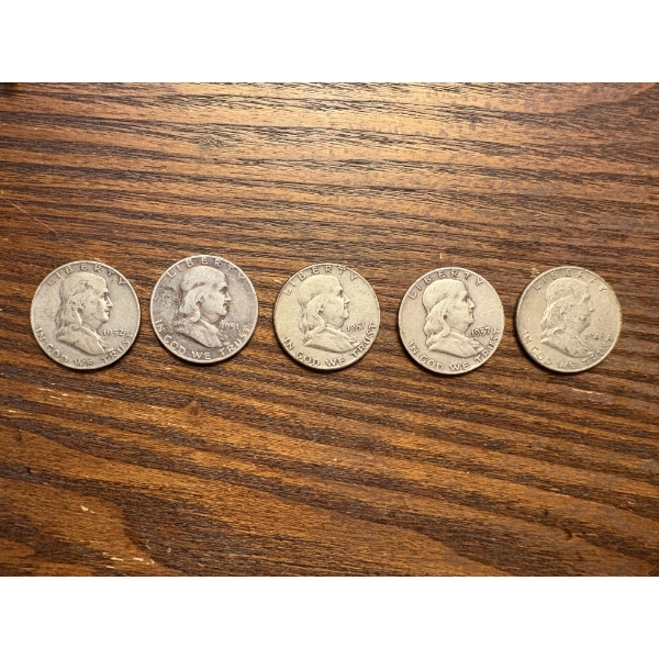 90% Silver - Five Franklin Half Dollars - FV $2.50 - 1951-S Franklin Half Dollar Mintage: 13,696,000