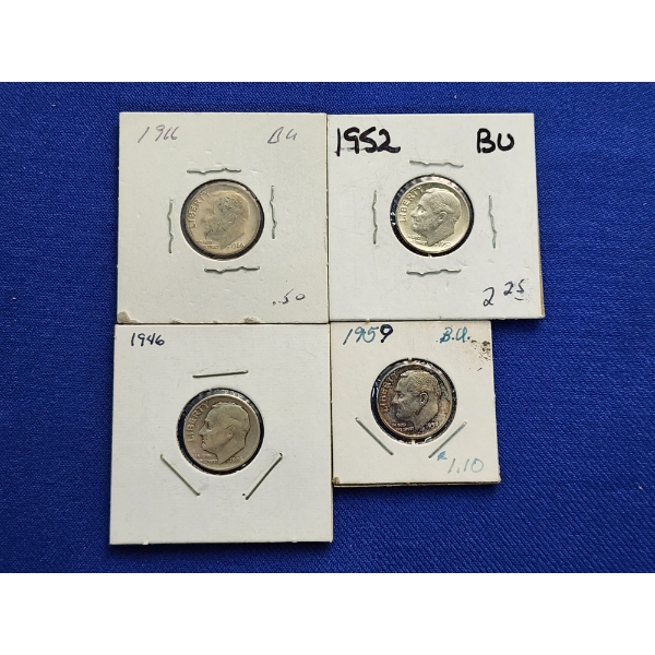x4 Assorted Years Roosevelt Dimes: 1966 BU; 90% Silver 1952 BU, 1946, 1959 BU