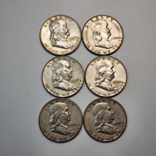 Six Assorted Years United States 90% Silver Franklin Half Dollars - FV: $3.00