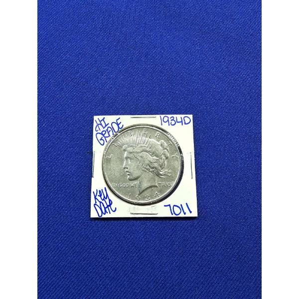 1934- D Silver Peace Dollar RARE - KEY DATE - Very Low Mintage - High Grade, Beautiful Coin!
