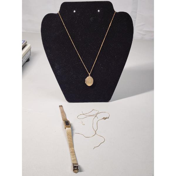 Assorted Gold-Filled Pieces Including Locket Necklace, Baylor Watch, & Chains