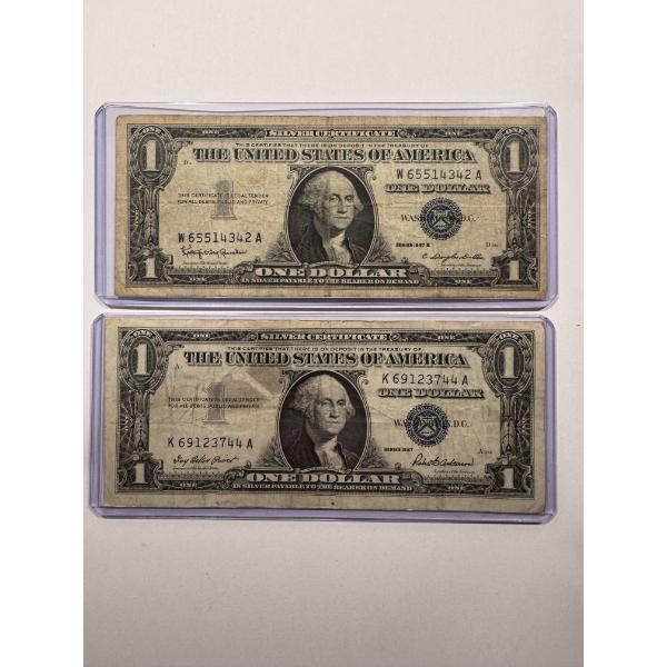 2 - 1957 United States Washington One Dollar Silver Certificates In Protective Holders