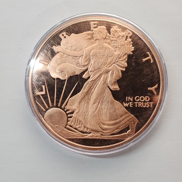 Walking Liberty Design 5 AVDP Ounce .999 Fine Copper Round - in Capsule
