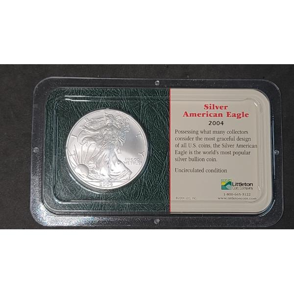 Uncirculated 2004 1 Oz .999 Fine Silver American Eagle In Littleton Coin Co. Packaging