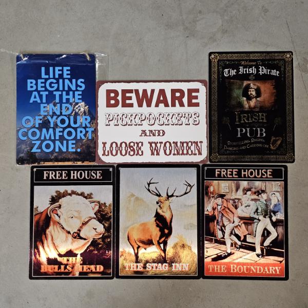 Set Of 6 Assorted Vintage Style Novelty Metal Tin Signs (8x6")