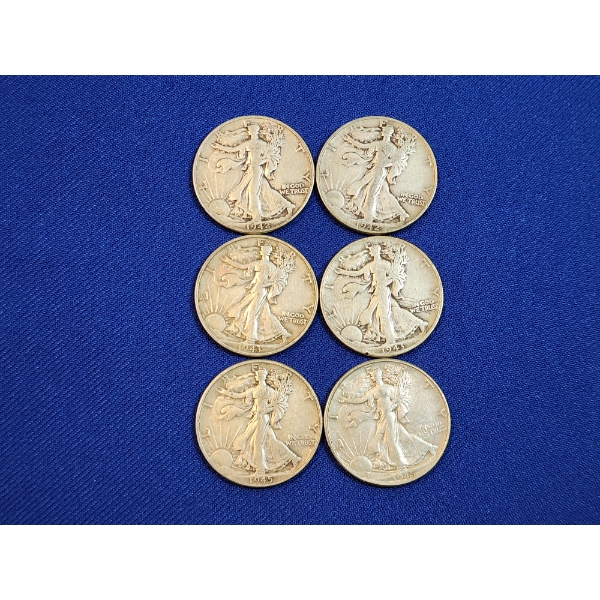 x6 Assorted Years Walking Liberty 90% Silver Half Dollars FV: $3.00