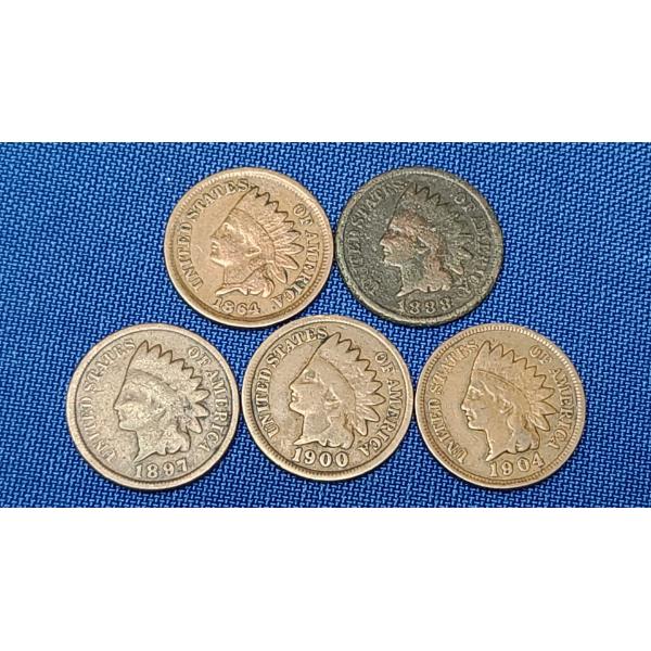 1864, 1888, 1897, 1900 & 1904 Indian Head Cents - Face Value: $0.05
