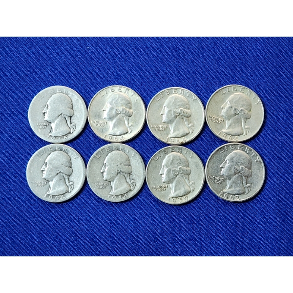 x8 Assorted Years Silver Washington Quarters FV: $2.00