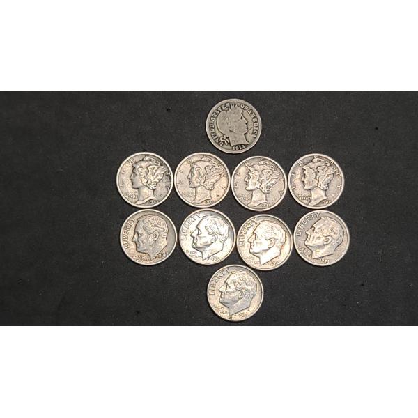 Assorted 90% Silver Dimes Including Barber, Mercury & Roosevelt Dimes - Face Value: $1.00