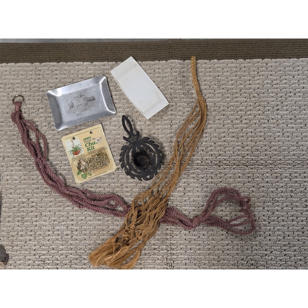 Wrought Iron Candle Holder, Three Vintage Plant Hangers, & Two Vintage Trinket Trays 