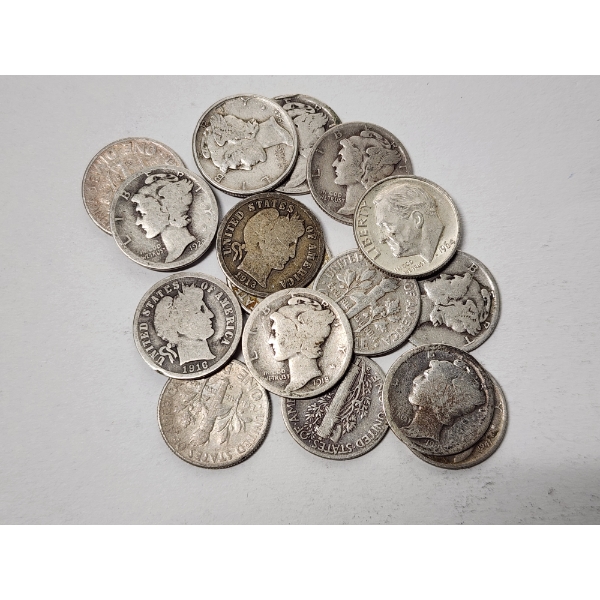 x16 Assorted U.S. 90% Silver Dimes: Roosevelt, Mercury, & Barber FV: $1.60