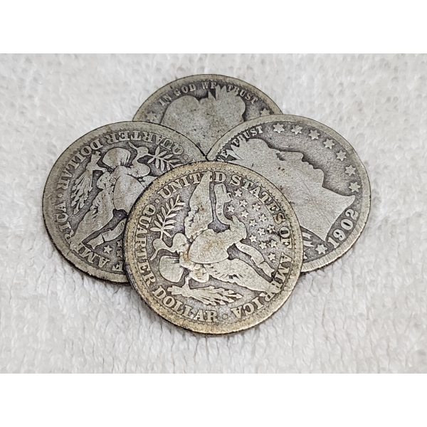 Four Assorted United States 90% Silver Barber Quarters ~ $1.00 Face Value!