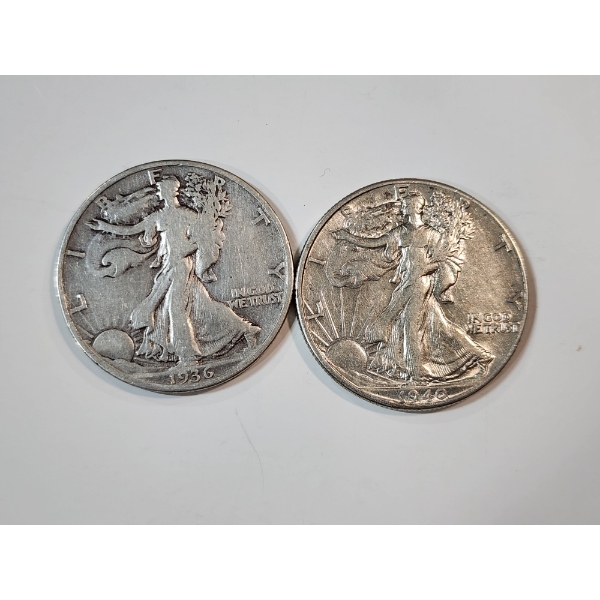 Two Walking Liberty 90% Silver Half Dollars: 1936 & 1940 FV: $1.00