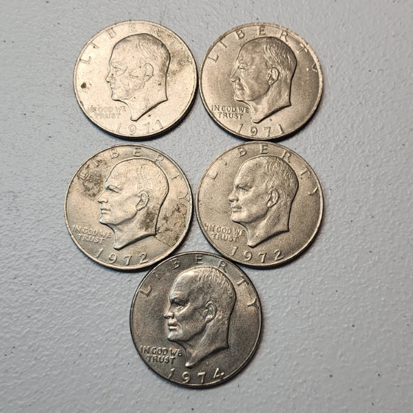 Five United States Eisenhower Dollars, Assorted Years, Face Value: $5.00