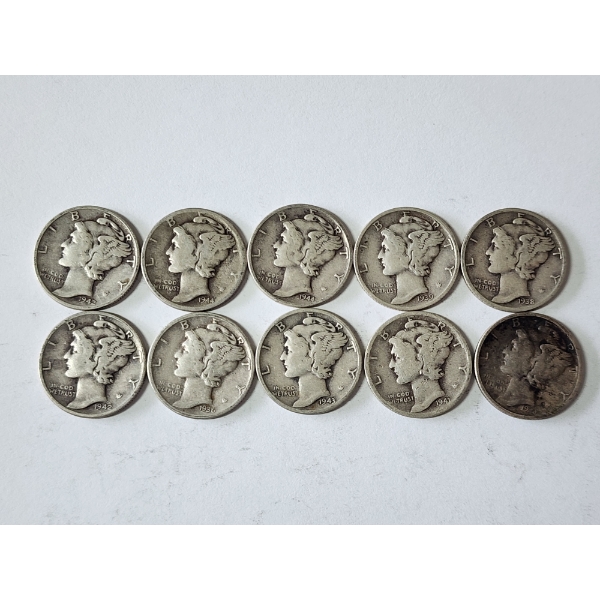 x10 Assorted Years & Mint Marks U.S. 90% Silver Mercury Dimes FV: $1.00