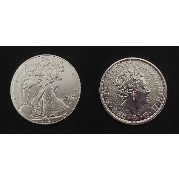 Lot of 2 Silver 1oz Coins.  2023 American Silver Eagle and 2021 Silver Britannia.