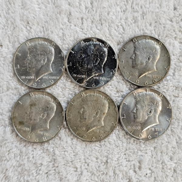 6 Kennedy 40% Silver Half-Dollars Coins with Assorted Years (1965-70) AFV $3.00