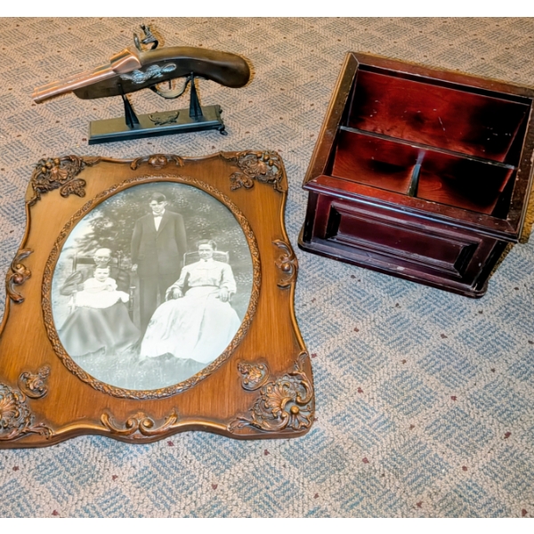 Pistol Replica Lighter, Antique Picture, And Wood Storage Box