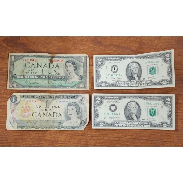 Two $2 United States Notes With Canadian $1 Notes ~ Unique Lot for Any Collector!