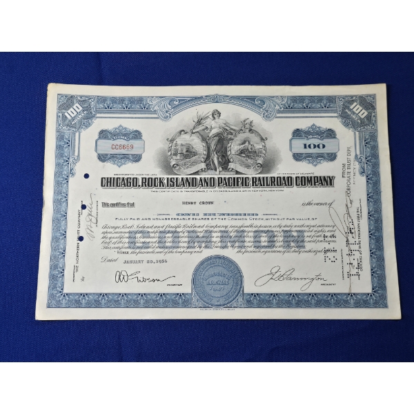 1956 Chicago, Rock Island and Pacific Railroad Company Stock Certificate - Issued to Henry Crown