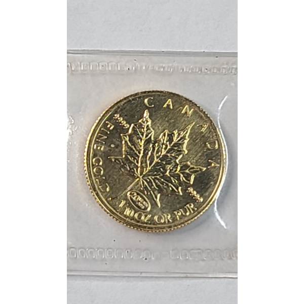 1999 Canada 1/10th Troy Oz .9999 Fine Gold Maple Leaf Coin With Special 20 Years Anniversary Privy
