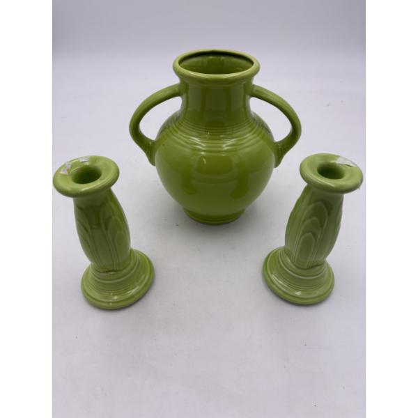 Fiesta Ware Green Glass Items - 3 Items & Candle Sticks (2) 